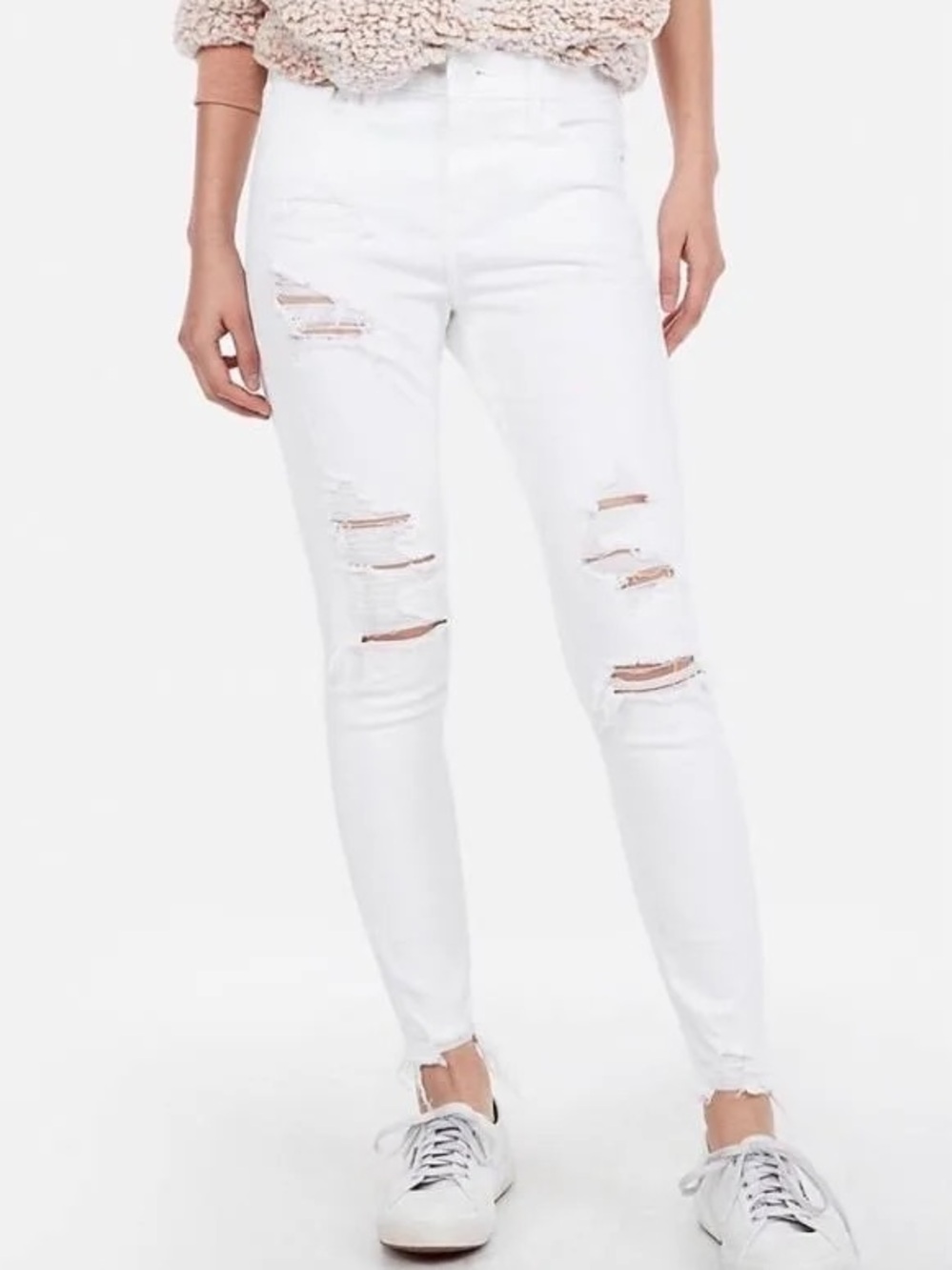 Express Mid Rise Stretch Ankle Jeans in White Distressed Premium Comfort Denim